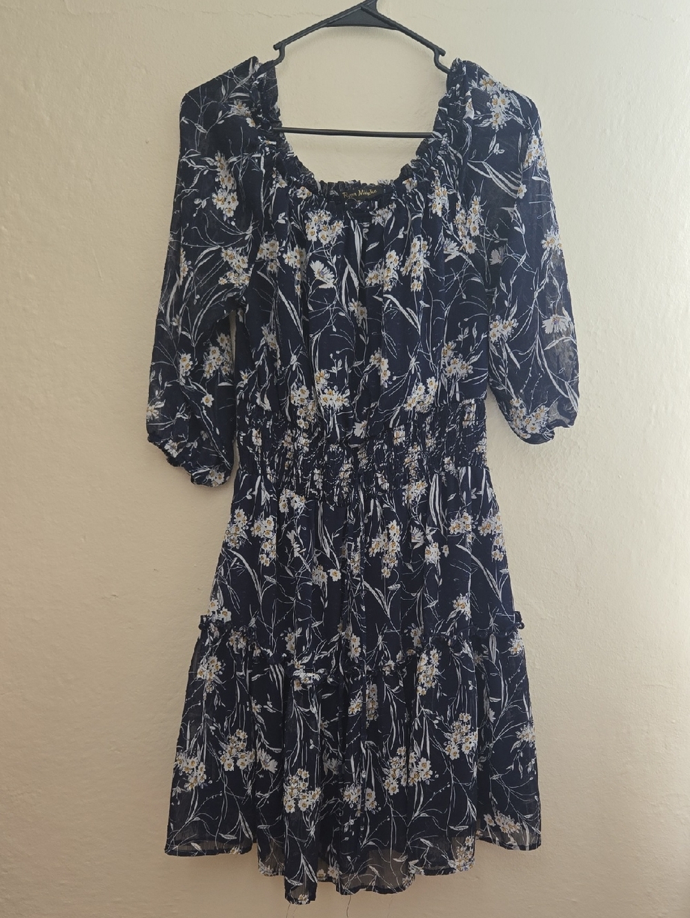 Navy Floral Off-Shoulder Smocked Midi Dress
